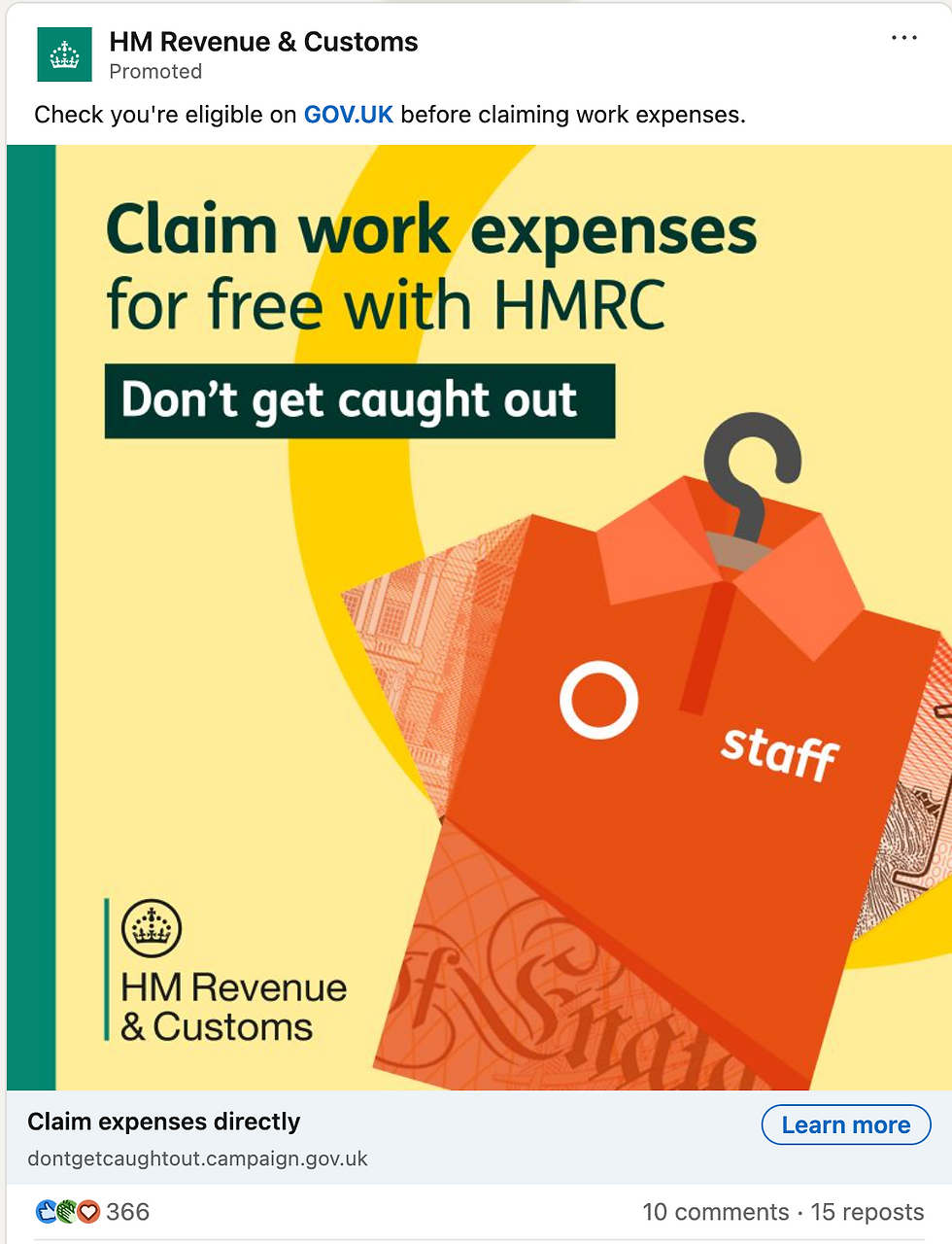 A social media post by the HM Revenue and Customs educating their customers to claim work expenses.
