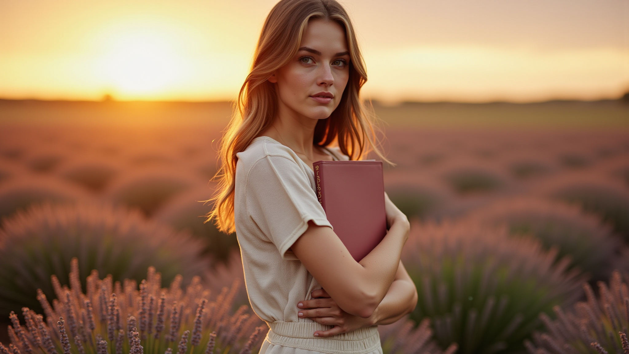 Woman holding book in lavender field at sunset