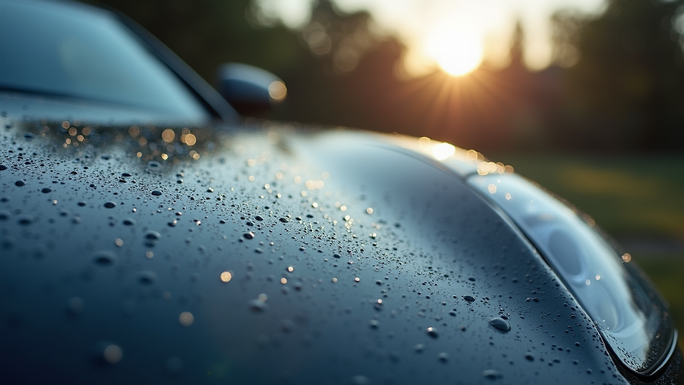 Close-up view of a shiny car hood with water beading