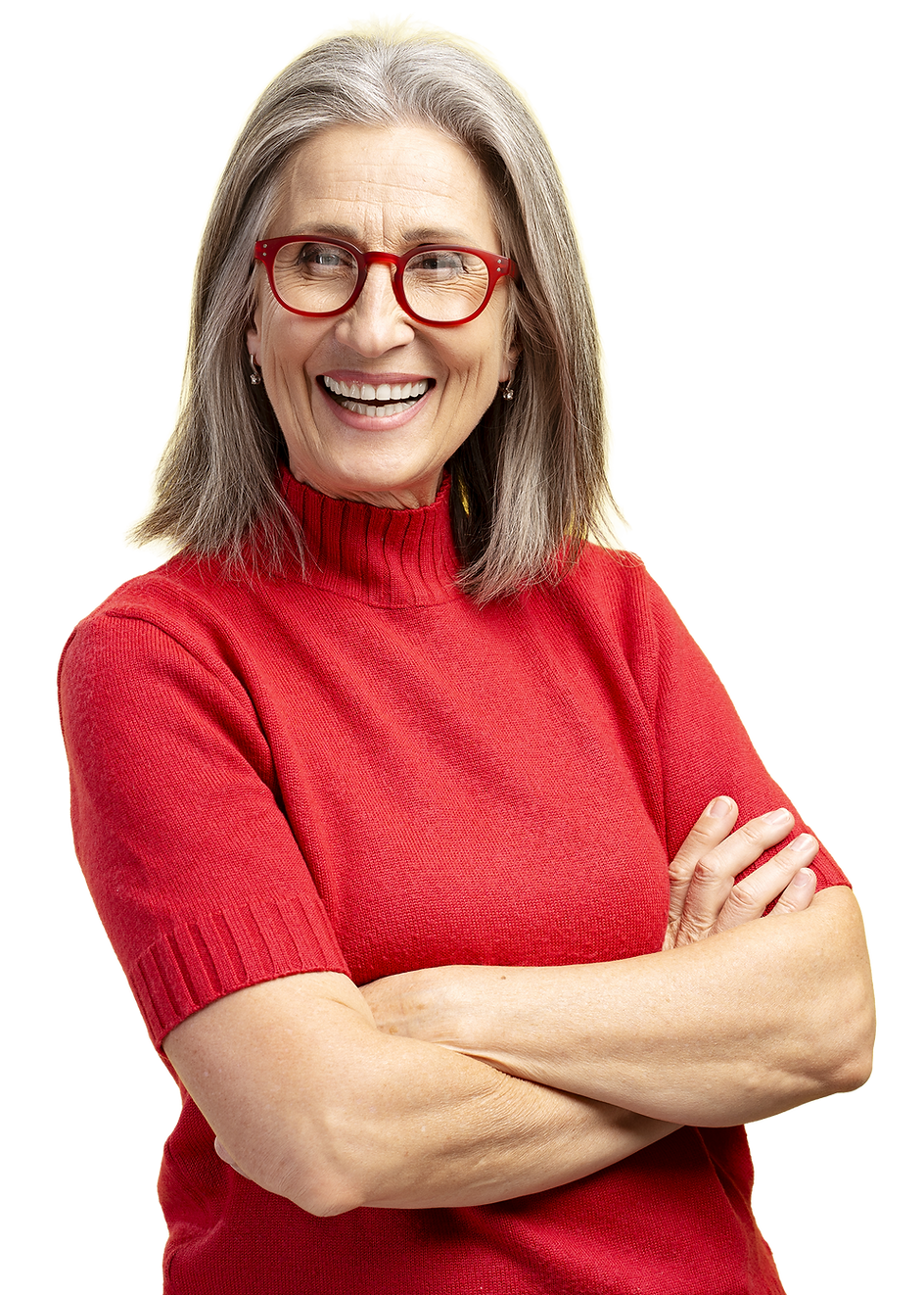 Mrs Johnson, a Glenfield Kitchens customers. She is wearing a red top and glasses, with her arms crossed