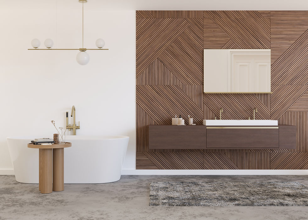 A bathroom design with a wooden panel sink and herringbone tiles. The freestanding white bath is on the left