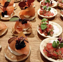 Smoked Salmon Blini, Goat Cheese Tart with Tomato Salsa by Chef Duncan Smith Meribel