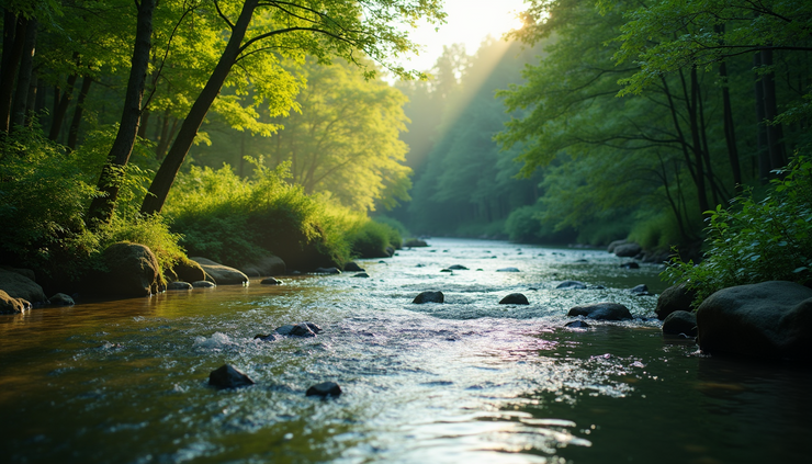 Eye-level view of a peaceful river flowing through a quiet forest