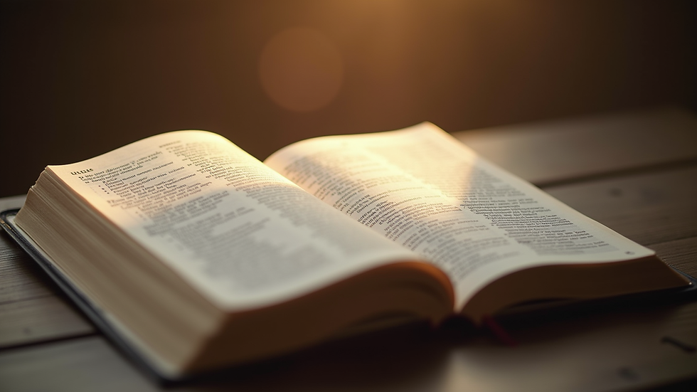 Close-up view of an open Bible with a soft light shining on the pages