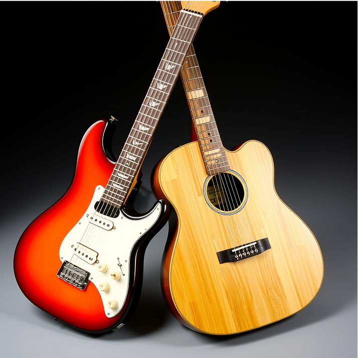 2 Guitars, 1 Electric Guitar & 1 Acoustic Guitar, crossed at the necks.png