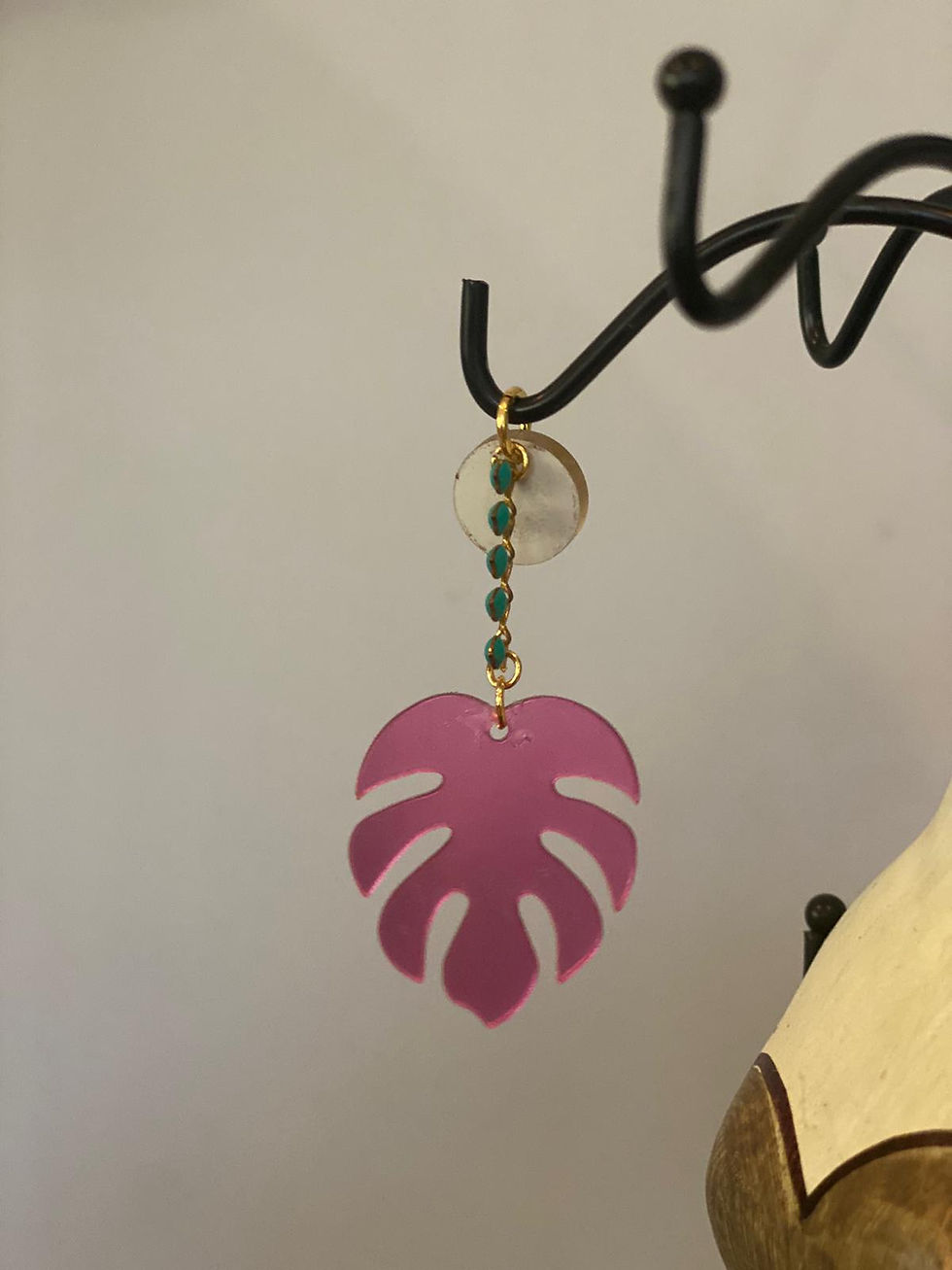 Miniatura: Boucles d'oreille Flamant & Feuille roses