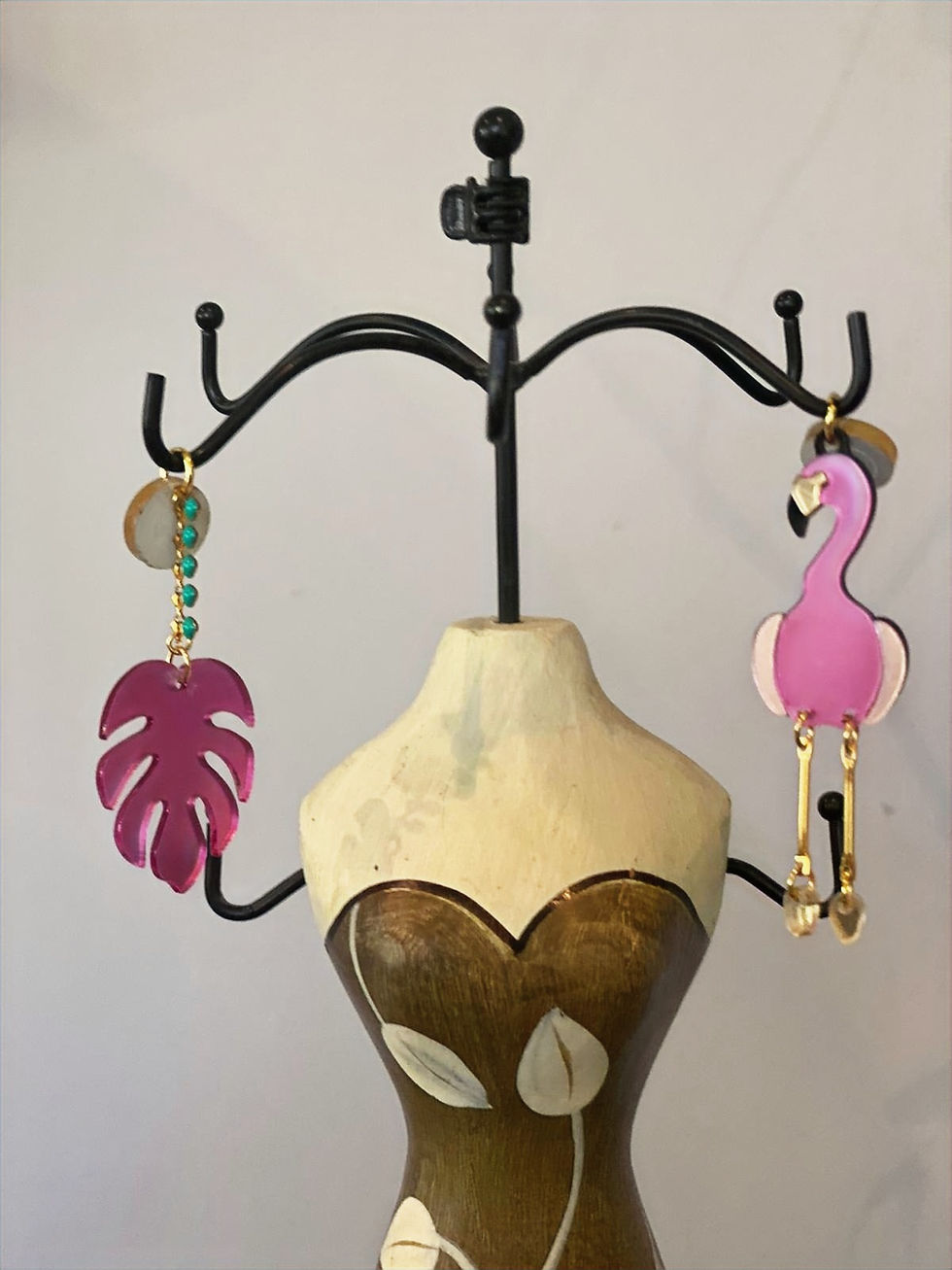 Miniatura: Boucles d'oreille Flamant & Feuille roses
