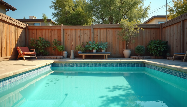 Eye-level view of a backyard pool with safety barriers and clear water
