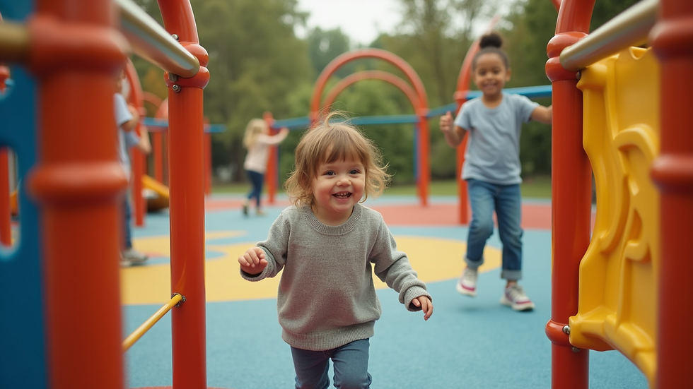 High angle view of children playing in a vibrant outdoor playground