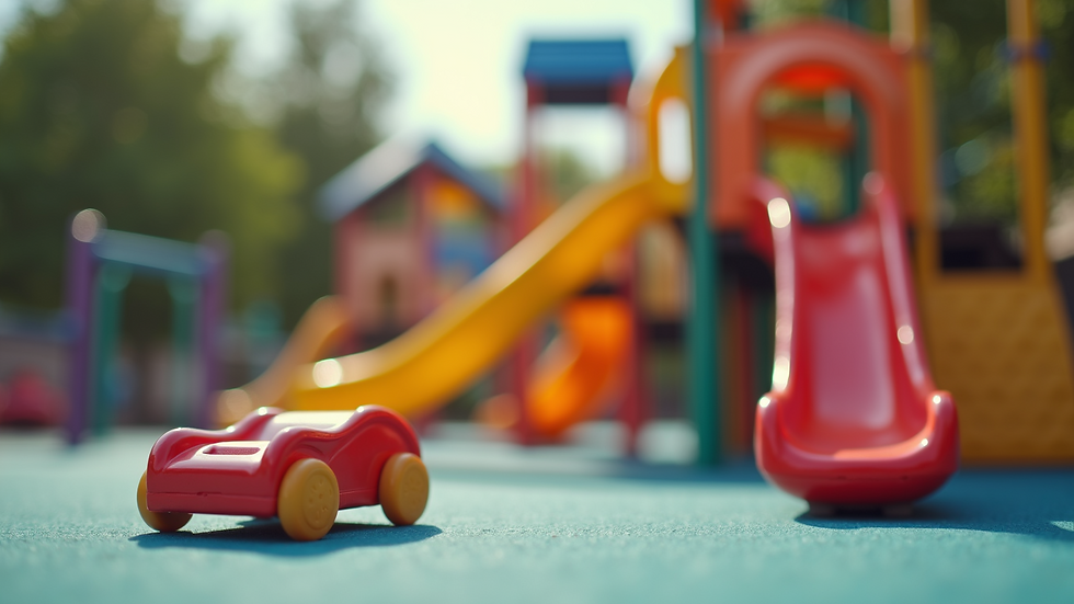 Close-up view of a colorful playground area filled with toys and equipment