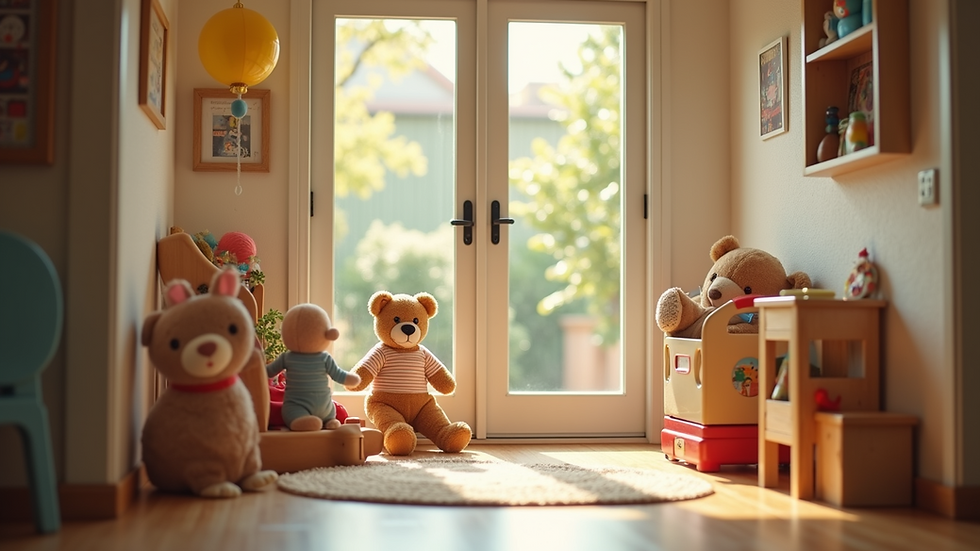 Wide angle view of a cozy daycare entrance with toys