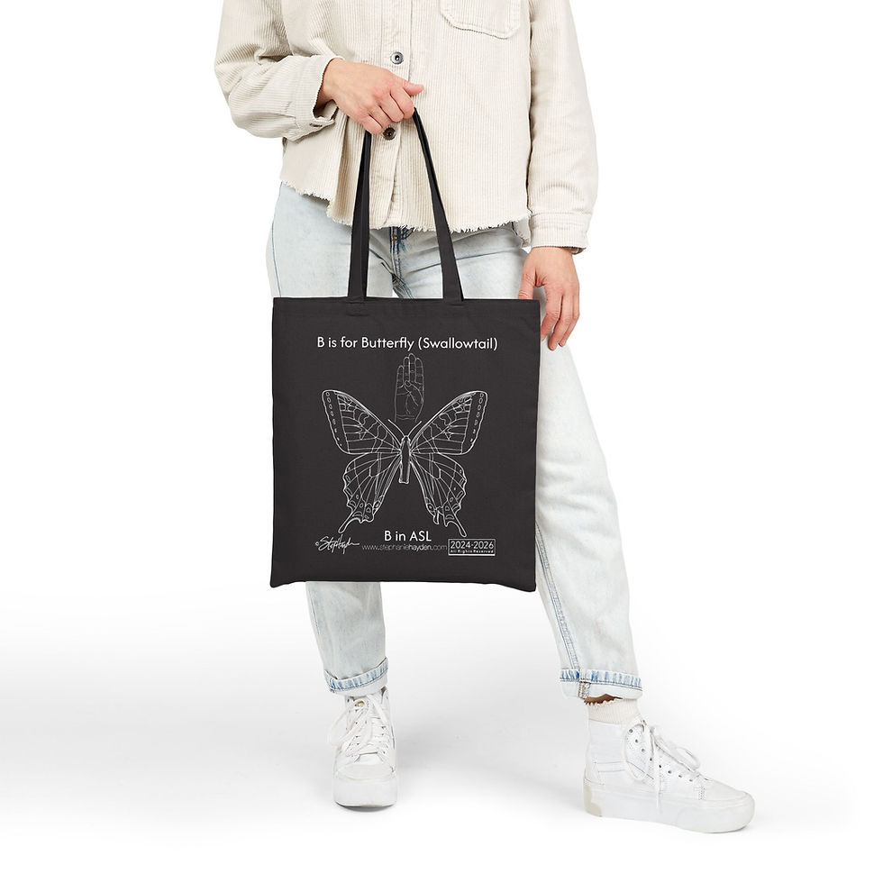 Thumbnail: B is for Butterfly (Swallowtail), B Fingerspelled in ASL - Black Canvas Tote Bag