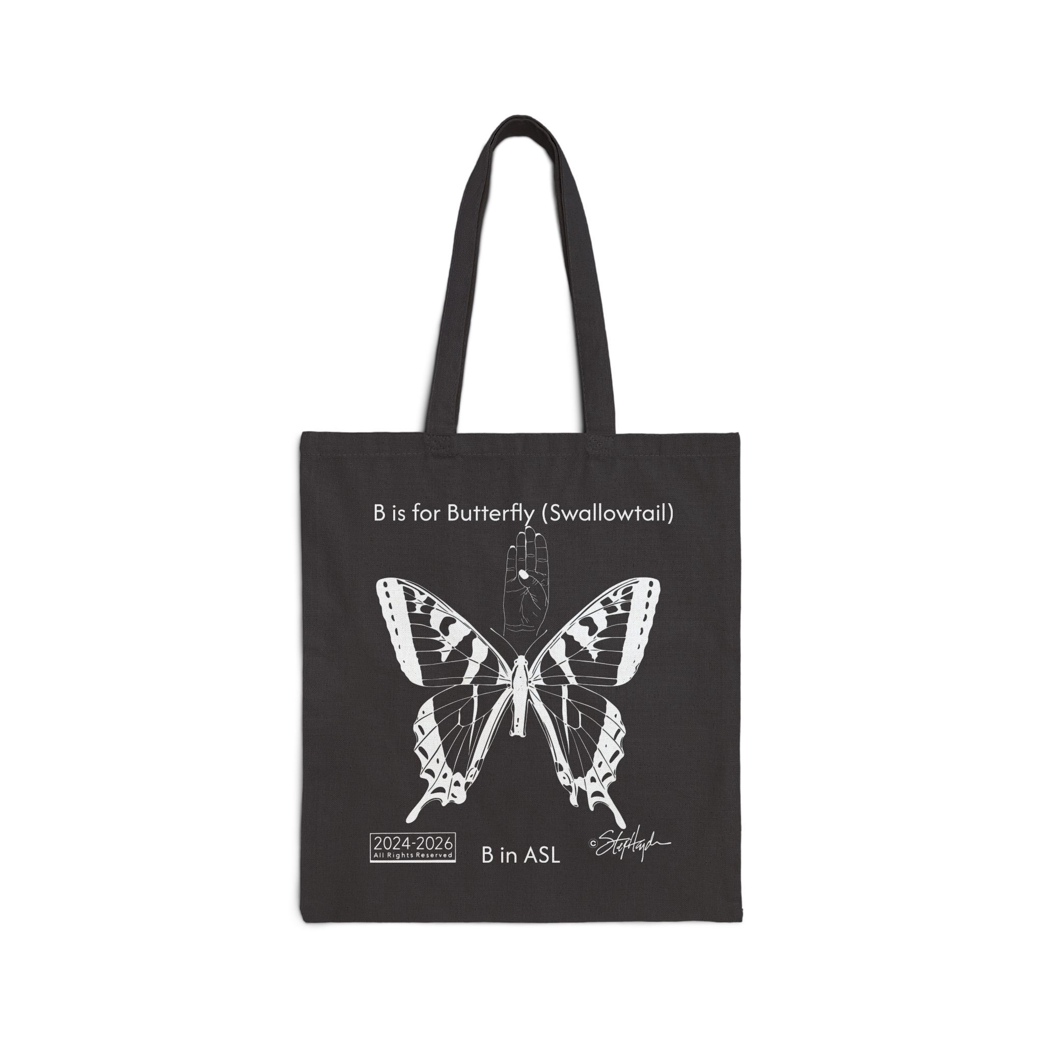 B is for Butterfly (Swallowtail), B Fingerspelled in ASL - Black Canvas Tote Bag
