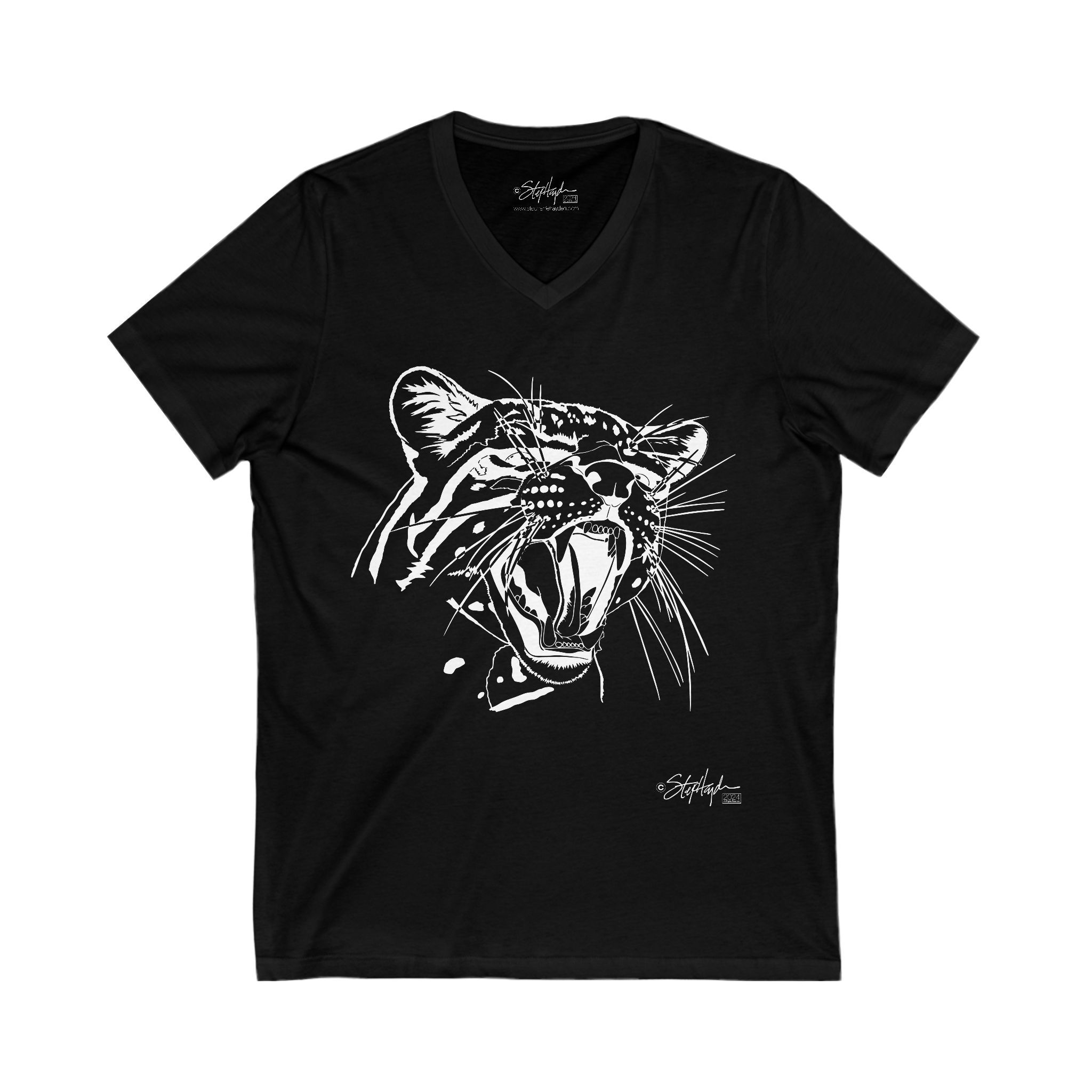 Ocelot Cat Lady Portrait X-Rays Unisex Jersey V-Neck T-Shirt Dark Mode 