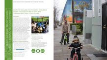Screenshot of the Resilient Oakland Playbook page 56 with content explaining art for kids education and a man with his little boy riding bicycles on an Oakland sidewalk