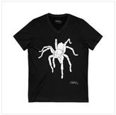 Black t-shirt with white tarantula spider illustration and Stephanie Hayden's signature in the bottom left corner