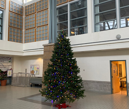12 foot beautifully decorated Christmas tree in the lobby of a rec. centre