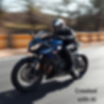 Motorcyclist in black gear and helmet rides a blue sport bike on a road; blurred trees and barrier behind; Created with AI text visible