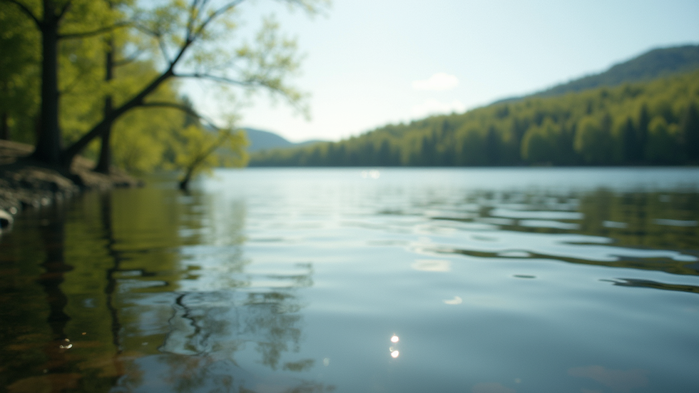 Eye-level view of a serene nature scene with a calm lake