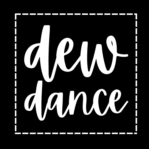 Black with cursive text saying dew dance. Lgog