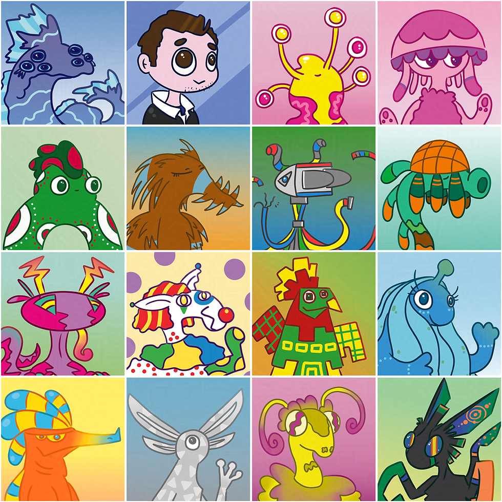 Grid of colorful Xtra Terrestrial cartoon alien avatars.