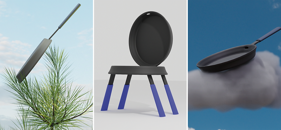 Creative cooking art showing frying pans as clouds and chairs.