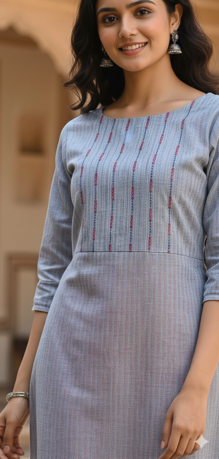 Thumbnail: Pure Cotton Blue kurta with embroidery and pintuck on yoke