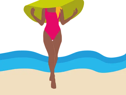 un dessin d'une femme en maillot de bain rose devant la mer