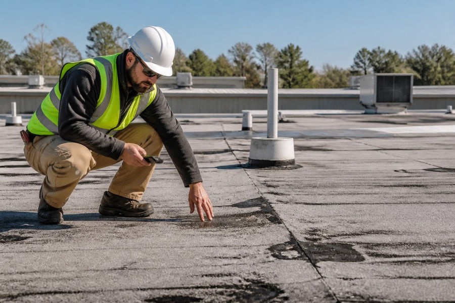 Inspector using safety gear to conduct commercial building exterior maintenance on a flat roof surface