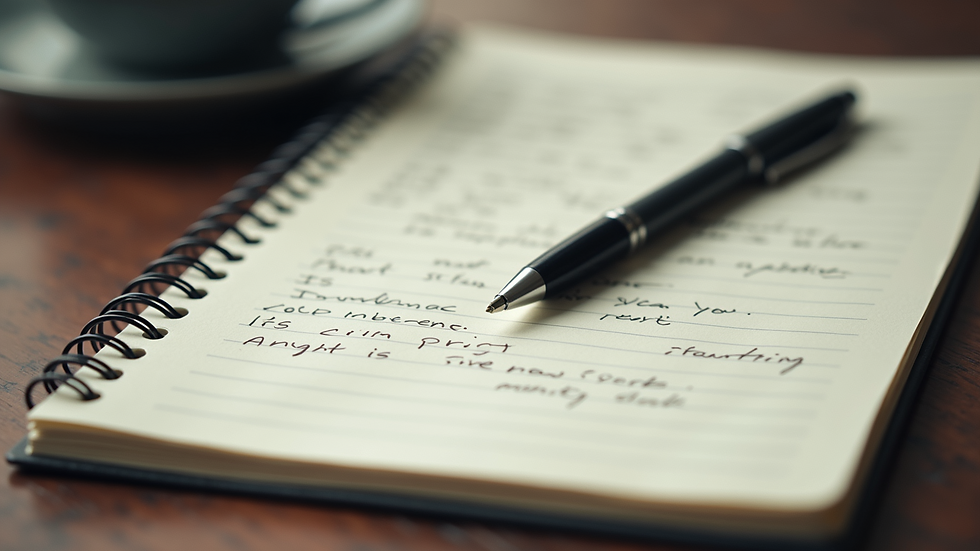 High angle view of a notebook with handwritten notes and a pen