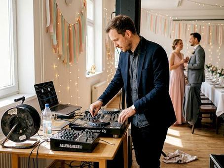 Der DJ richtet das Mischpult für die Hochzeitsfeier ein.