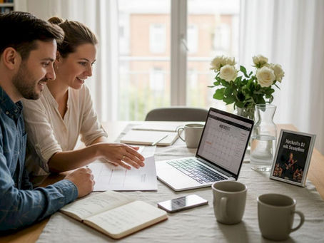 Ein Paar sitzt zusammen und bespricht die Unterlagen für die Hochzeitsplanung.