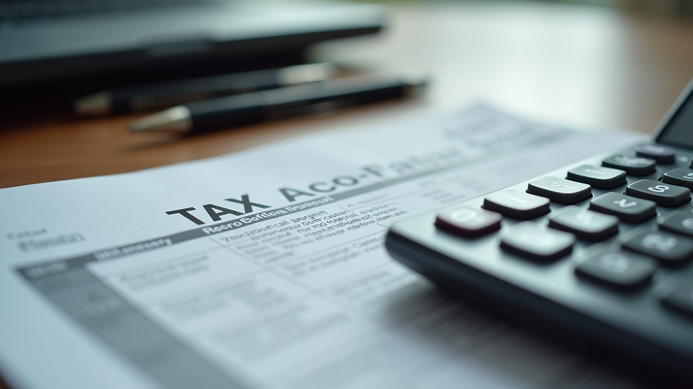 Close-up of a calculator and tax forms on a desk