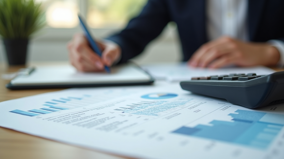 Close-up view of a financial planner's desk with tax documents and calculator