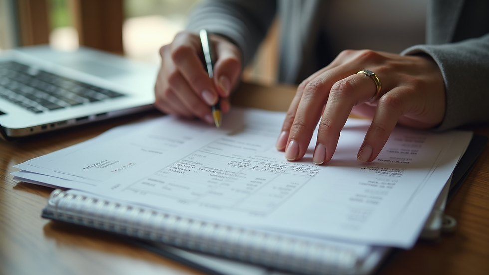 Close-up view of a small business owner organizing receipts and financial documents