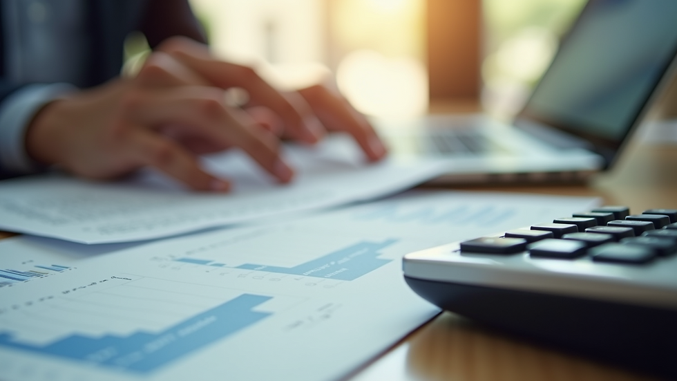 Close-up view of financial documents and calculator on a desk