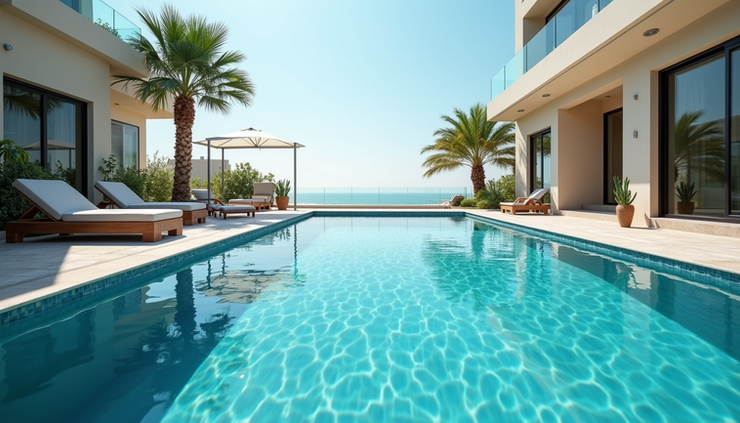 Eye-level view of a luxury villa swimming pool in Dubai maintained by professional technicians