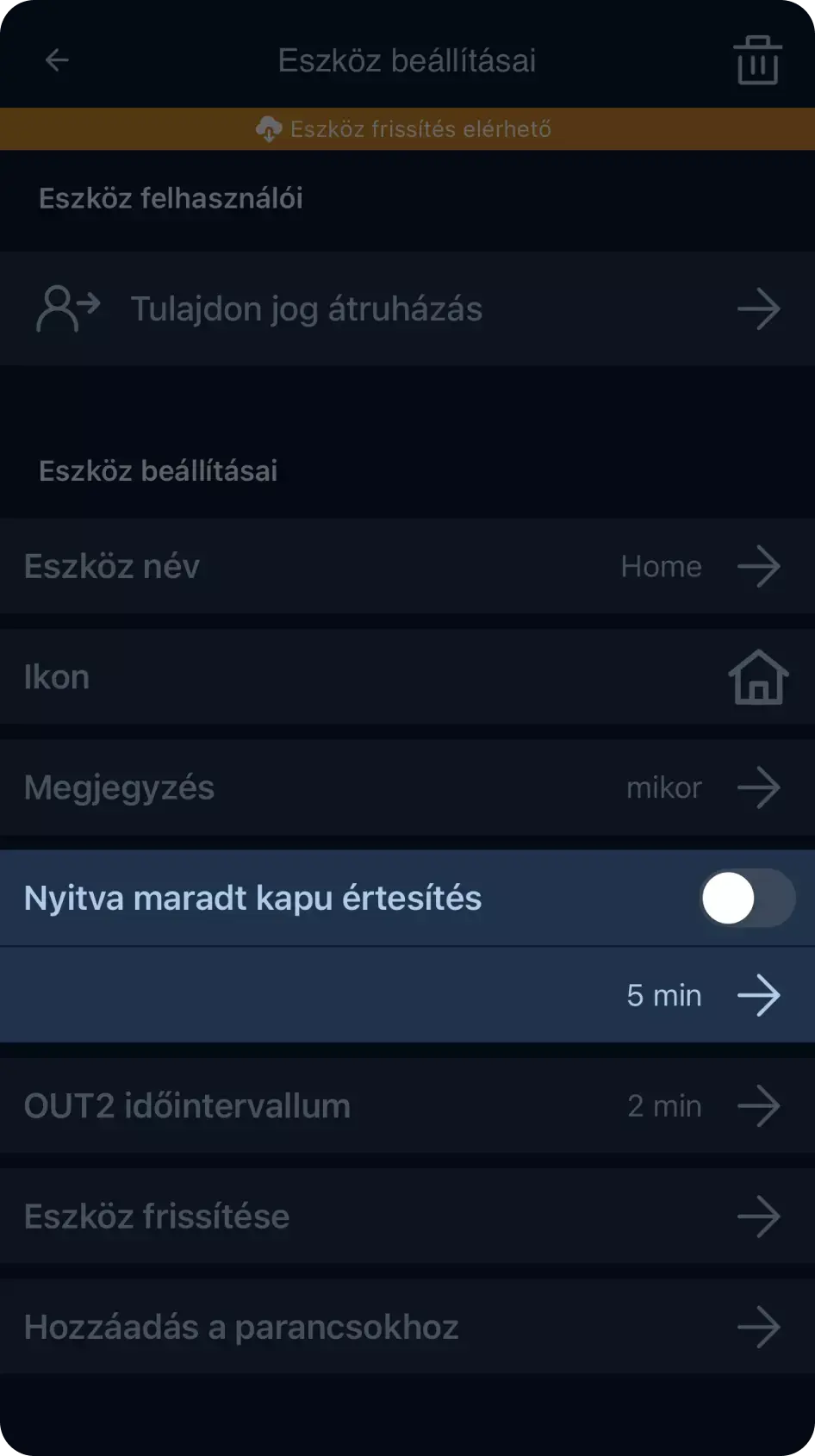 Nyitva maradt kapu értesítés beállítása az OPEN.ioting alkalmazásban
