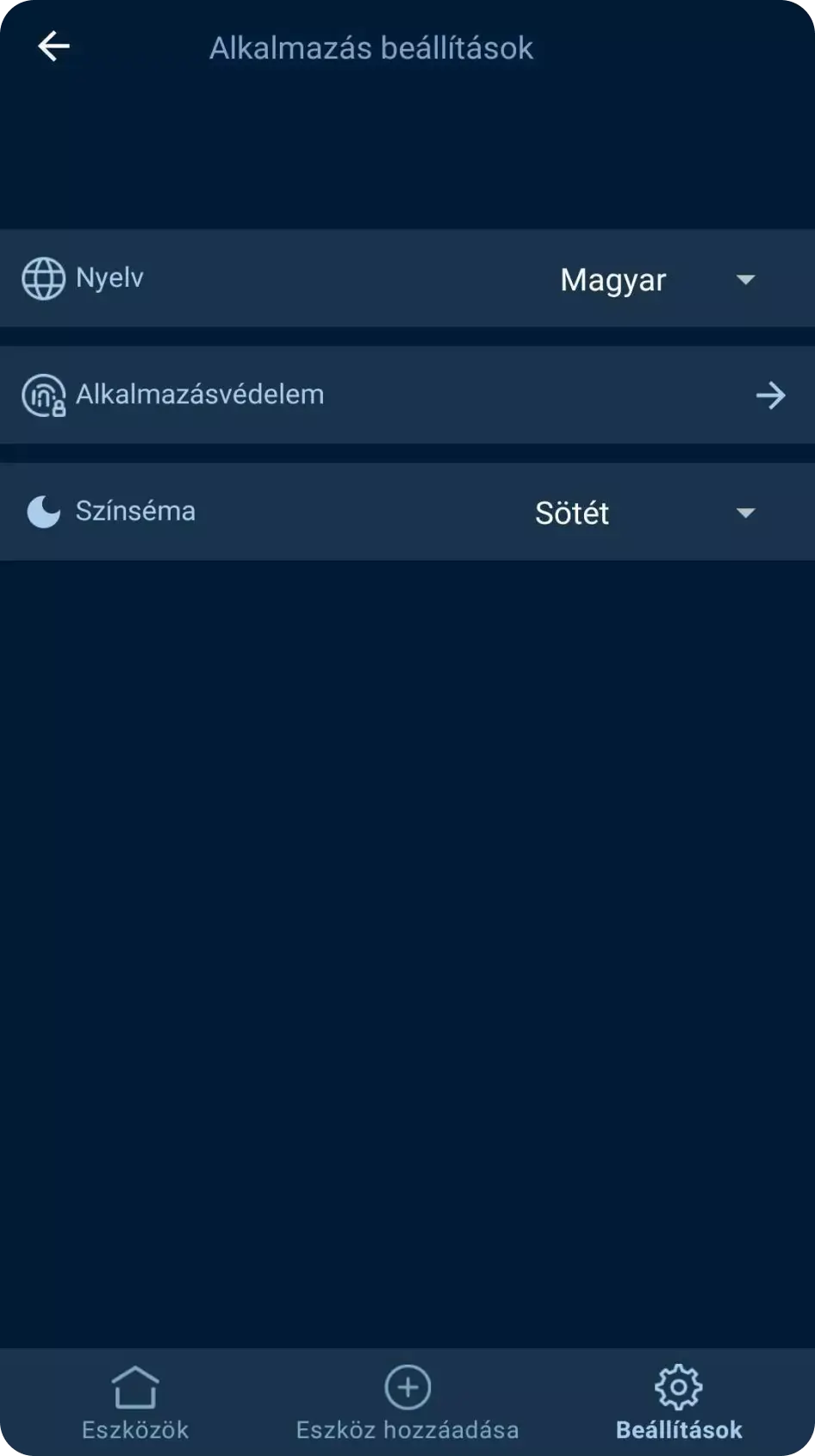 OPEN.ioting alkalmazás beállítása sötét mód