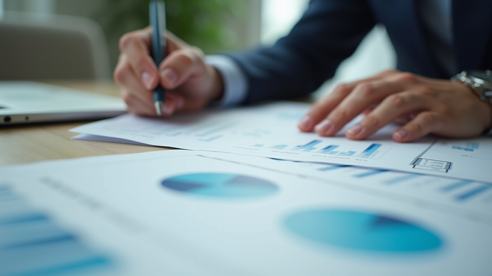 Close-up view of a business person reviewing financial documents