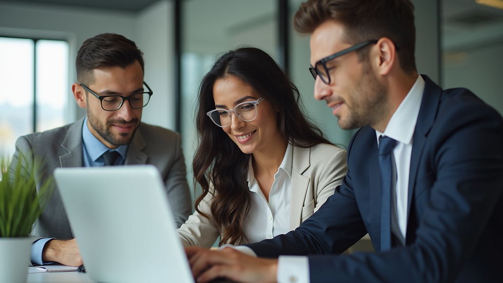 Close-up view of a business team collaborating over a laptop in a Canadian office