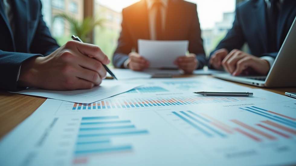Close-up view of a business team discussing a market expansion plan with charts and laptops