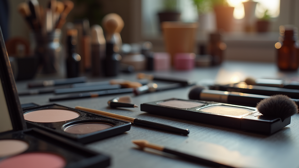 Close-up view of a makeup artist's tools arranged neatly on a table