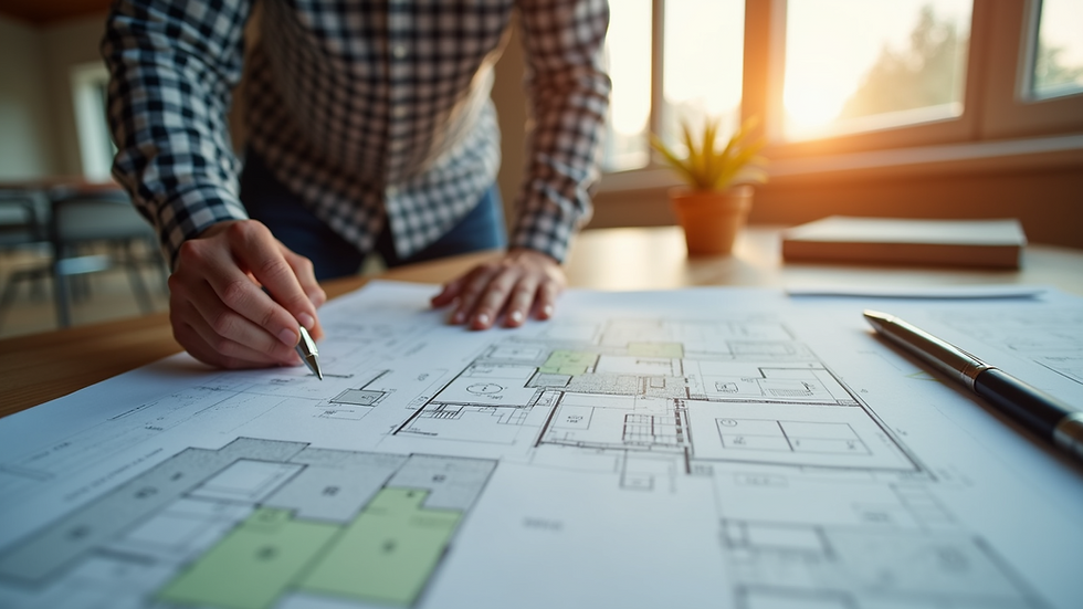 Eye-level view of a contractor reviewing home plans