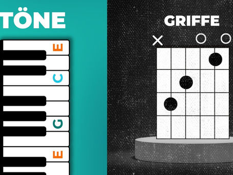 Split-Screen-Grafik: links Klaviertasten mit beschrifteten Tönen E, C, G, E, rechts ein Gitarrengriffdiagramm, Überschriften „Töne" und „Griffe"