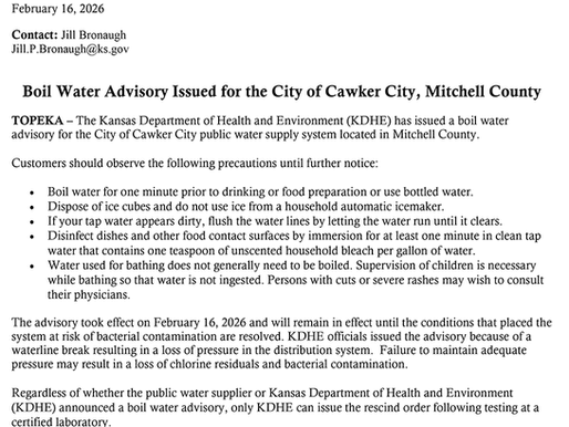 Boil Advisory Issued for the City of Cawker