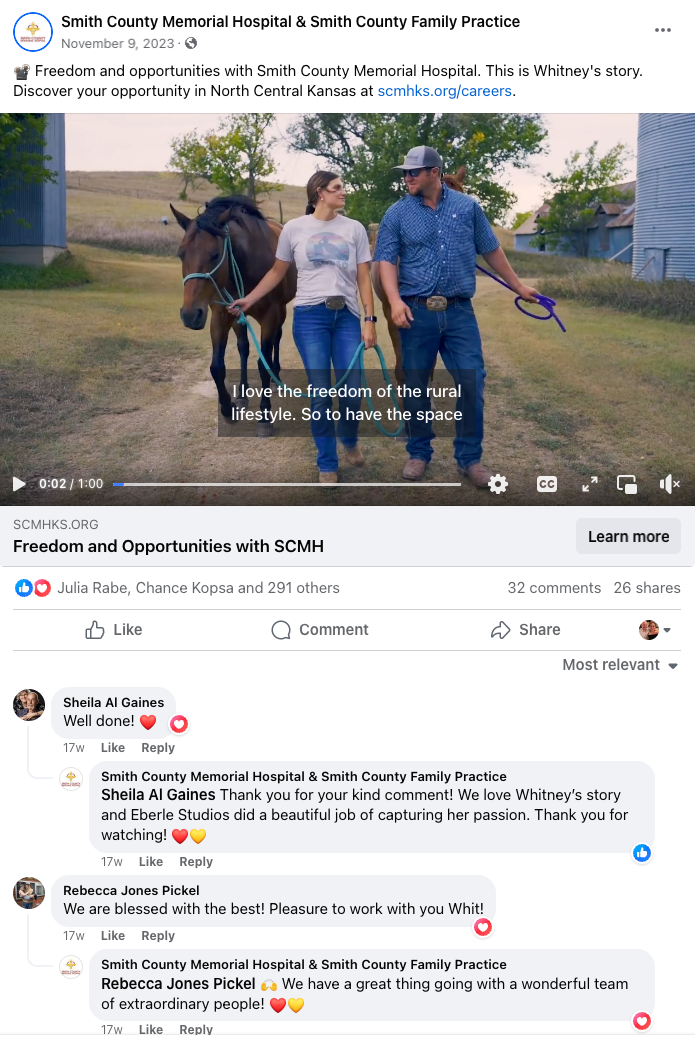 screen shot of a facebook post featuring a recruitment video for a rural hospital showing a huband and wife walking side by side with horses