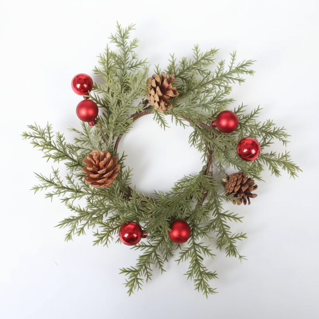 Frosted Pinecone and Red Ornament Christmas Wreath