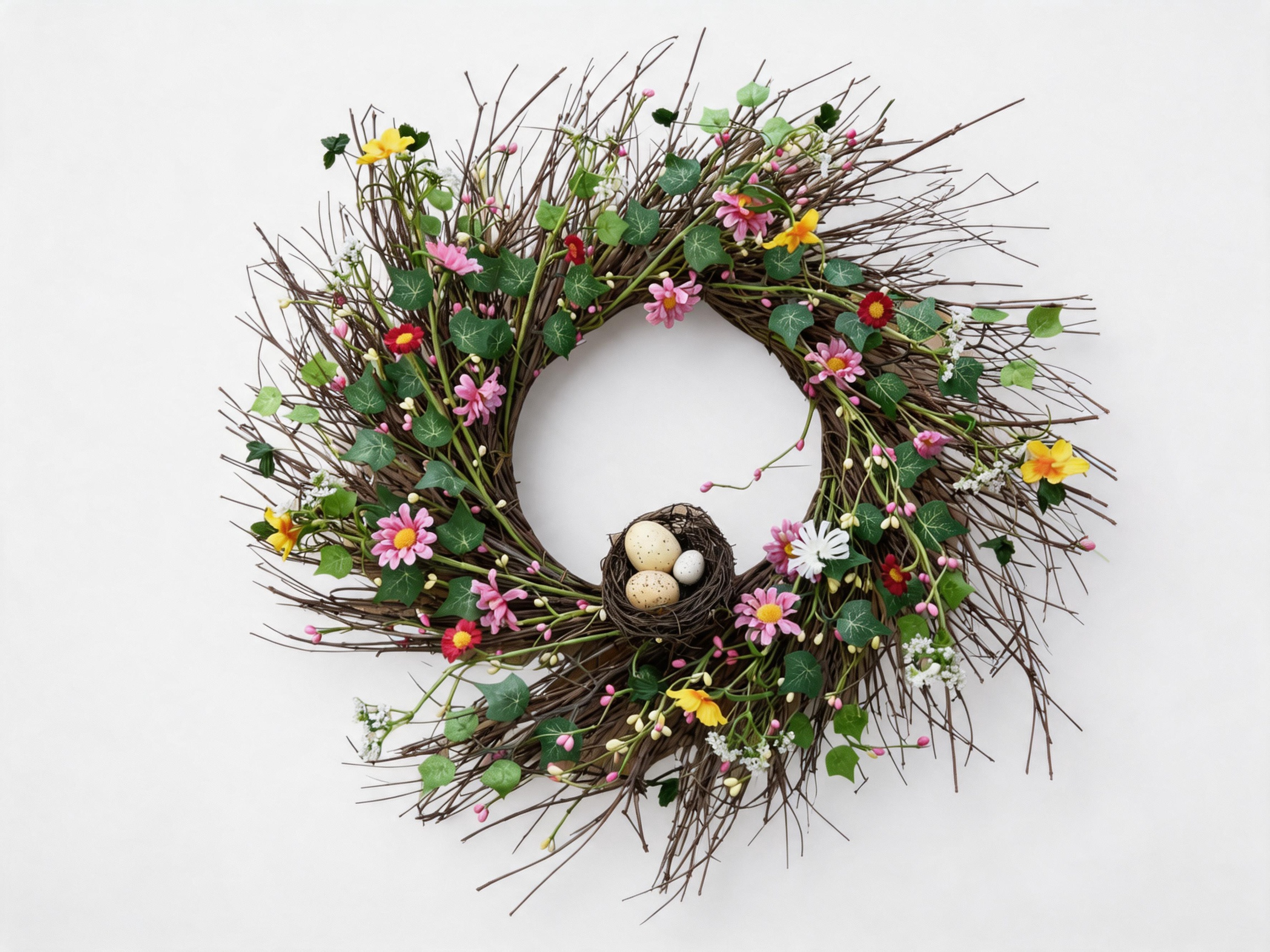 Rustic Spring Wildflower & Bird Nest Twig Wreath
