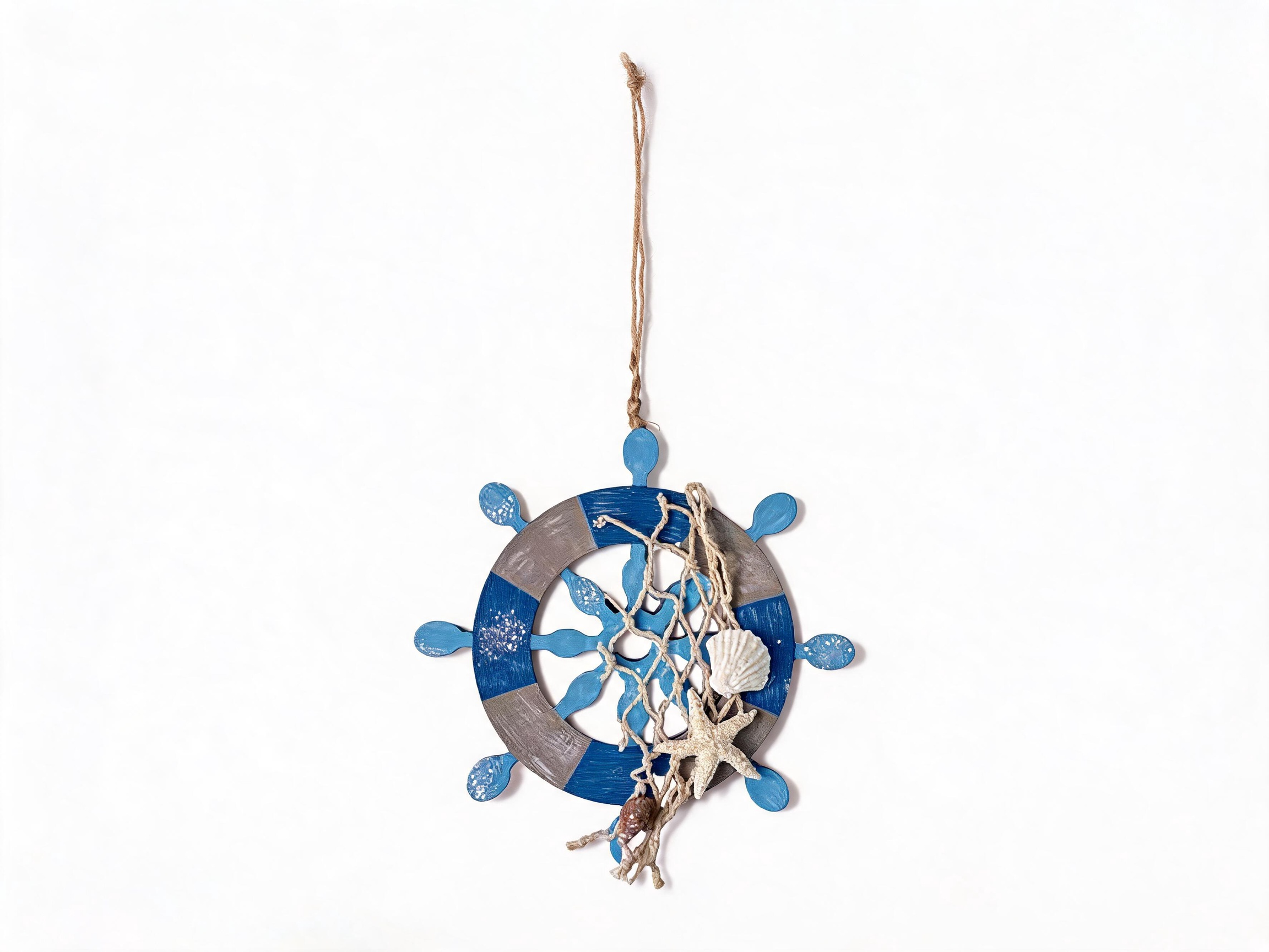 Nautical Ship Wheel Ornament with Fishing Net